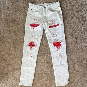 White Distressed Women's Jeans with Red Paint Detail